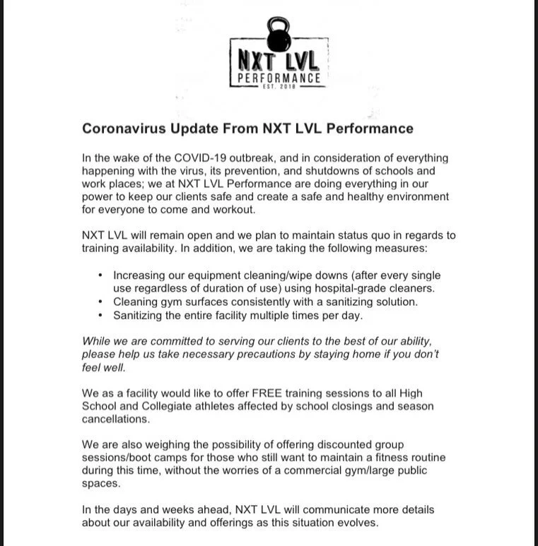 As a facility, our clients health and wellness is at the forefront of everything we do. Please feel free to reach out with any questions, or to learn more about the mentioned training sessions or boot camps. We will communicate more information as th