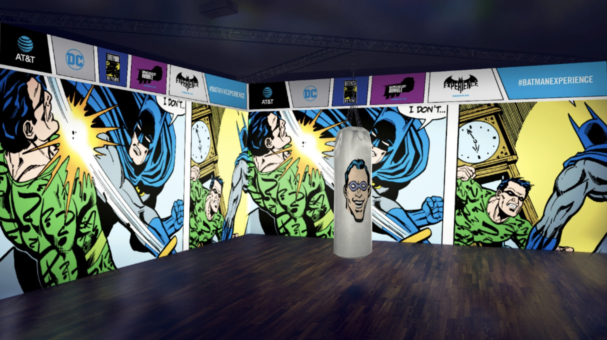  In this projection mapped, interactive experience, each strike of the bag triggered a change of scene with giant onomatopoeia graphics. POWWWW.   