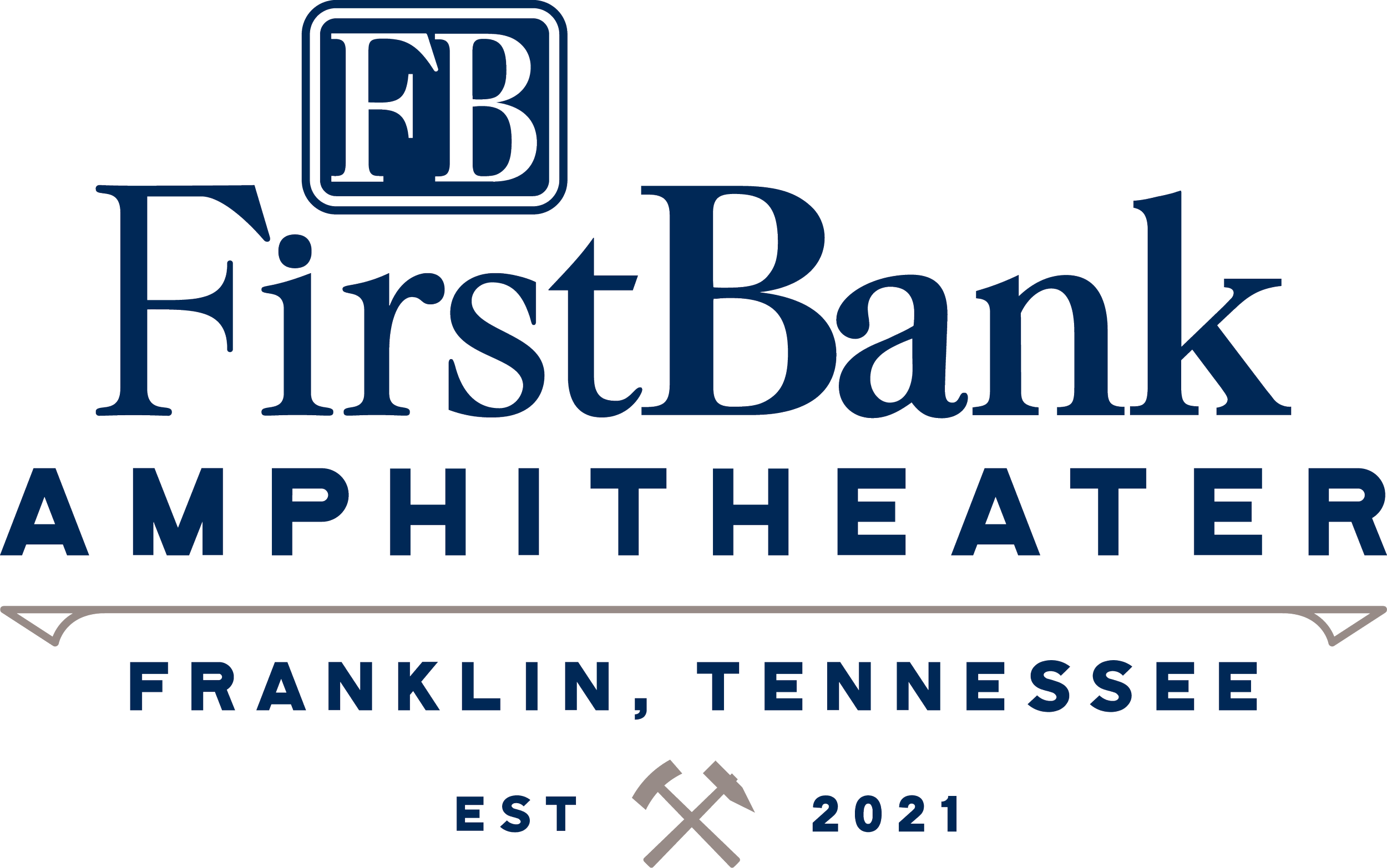 Logo for FirstBank Amphitheater in Franklin, Tennessee, established in 2021, featuring a stylized hammer and pickaxe crossed.
