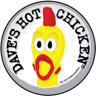 A sticker featuring a cartoon yellow chicken with a distressed facial expression, red comb, and open beak. Surrounding the chicken is the text 'DAVE'S HOT CHICKEN' in black letters on a white background with a gray border.