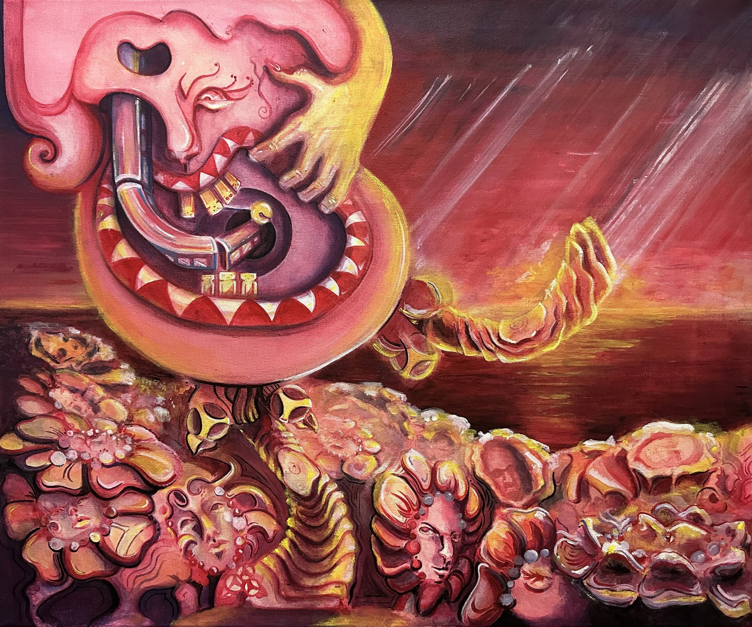 Pink room beyond the skies, 
Acrylic on canvas. 60 × 50 cm. Completed on the 3d of May 2026.
