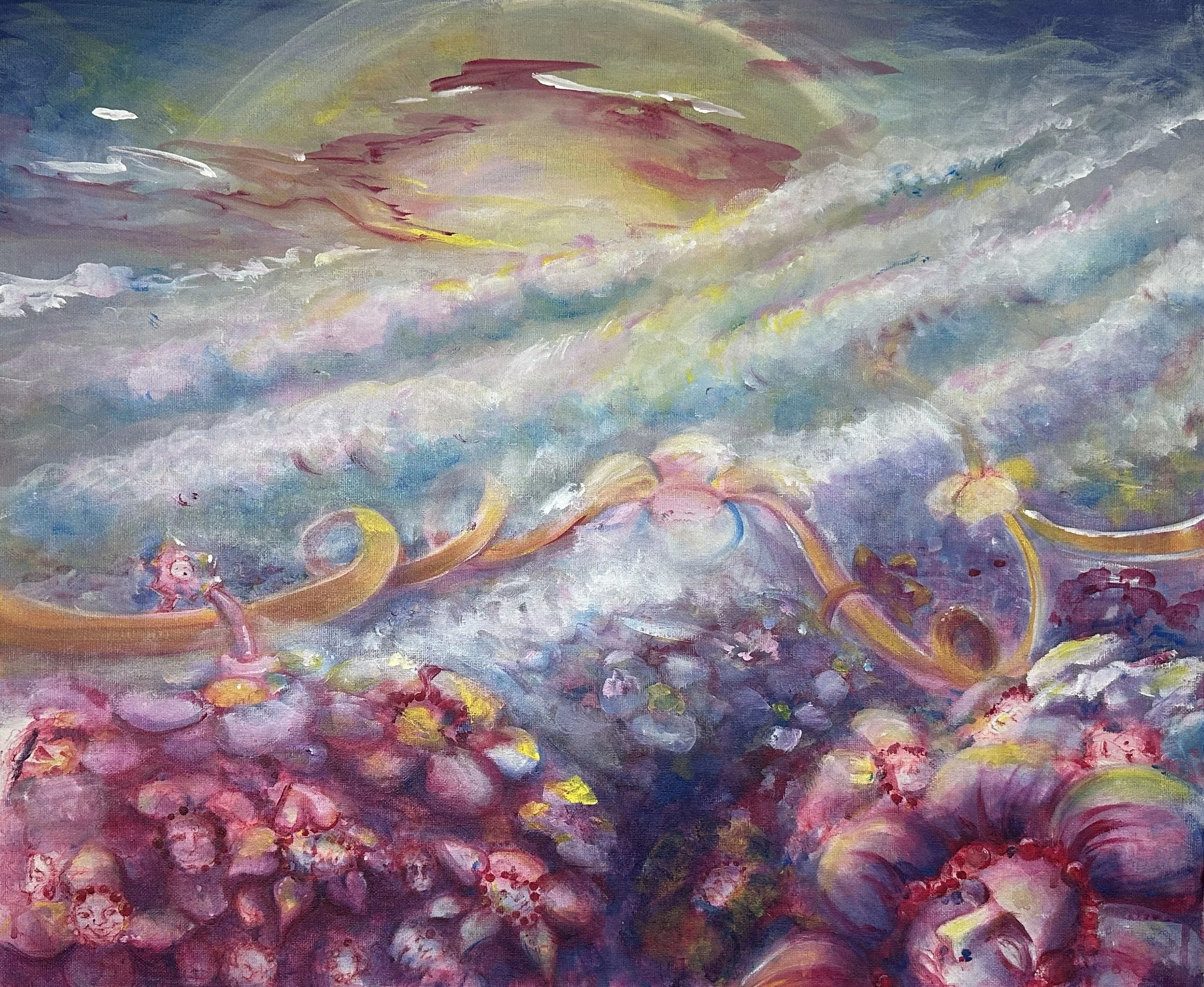 Dawn (Smile for those who couldn't), Acrylic and ink on canvas, 60 × 50 cm. 
Completed on the 6th of Jan 2026