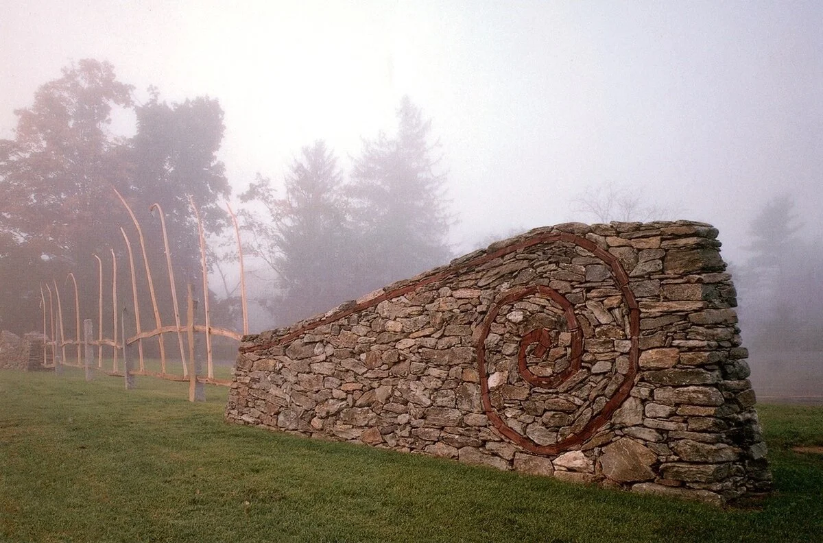 Rock &amp; Rail, Weathered marble fieldstone, red slate, granite posts, oak and locust rails