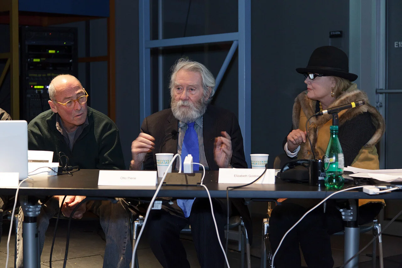 Otto Piene speaking during the Visions and Projections panel at MIT in 2011; sitting next to Otto are his wife Elizabeth Goldring (right) and myself (left).Photo: John Kennard