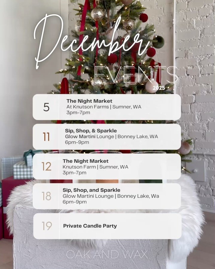 It&rsquo;s the final push before the big day and I am hitting the events HARD 😍

I&rsquo;ll be in two locations this December, @knutsonfarmsinc for their Night Market on the 5th and 12th, and @glowmartinilounge in Bonney Lake on the 11th and 18th!

