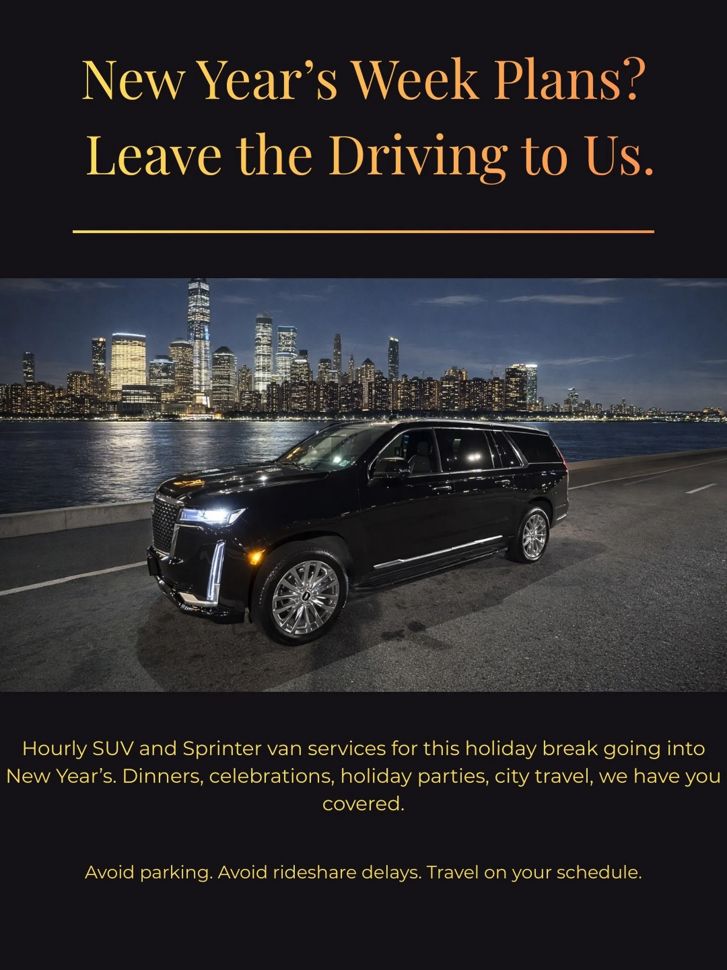 The holiday break between Christmas and New Year is one of the busiest times to find reliable transportation.

Carter&rsquo;s Concierge offers hourly SUV and Sprinter van services for airport travel, holiday parties, dinners, shopping and dining outi