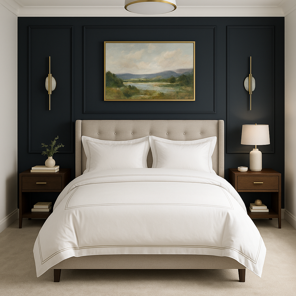 A bedroom with a beige upholstered bed with white bedding, two nightstands with lamps on each side, a dark blue accent wall with a landscape painting, and modern wall sconces.