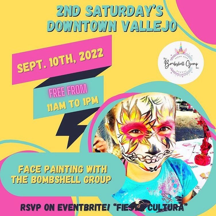 FREE face painting 🎨 with @bombshell_entertainment on September 10th in Downtown Vallejo! ❤️ 

Get free face painting by reservation between 11am - 1pm. Register your kids ages 3 &amp; up for a complimentary face paint on the event site 🦋 

Fiesta 