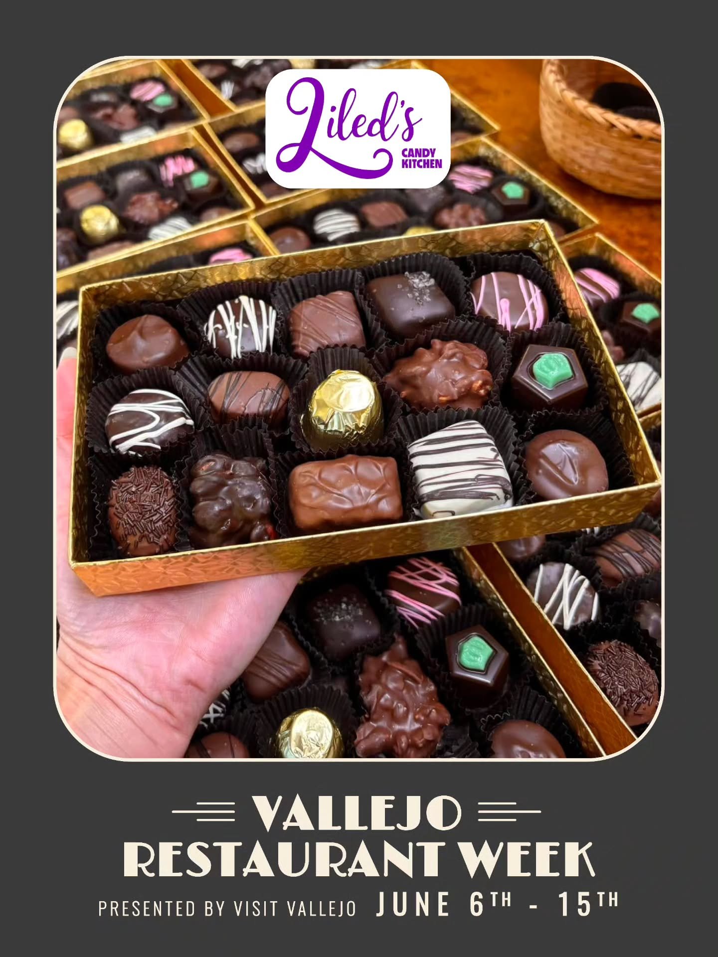 Since 1936, Liled&rsquo;s has been Vallejo&rsquo;s go-to for handcrafted chocolates and confections. Watch candy being made on-site and indulge in treats like their Dubai Chocolate Covered Strawberries.

📍 1318 Tennessee St

🍽️ Restaurant Week Spec