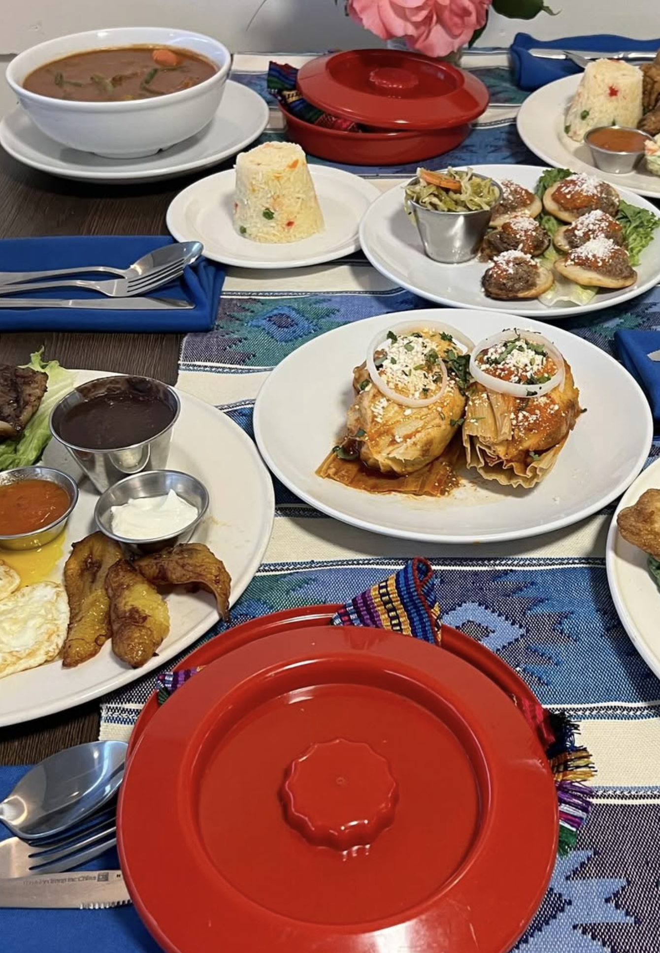 Table full of traditional Guatemalan foods at Abo's Cocina in Vallejo