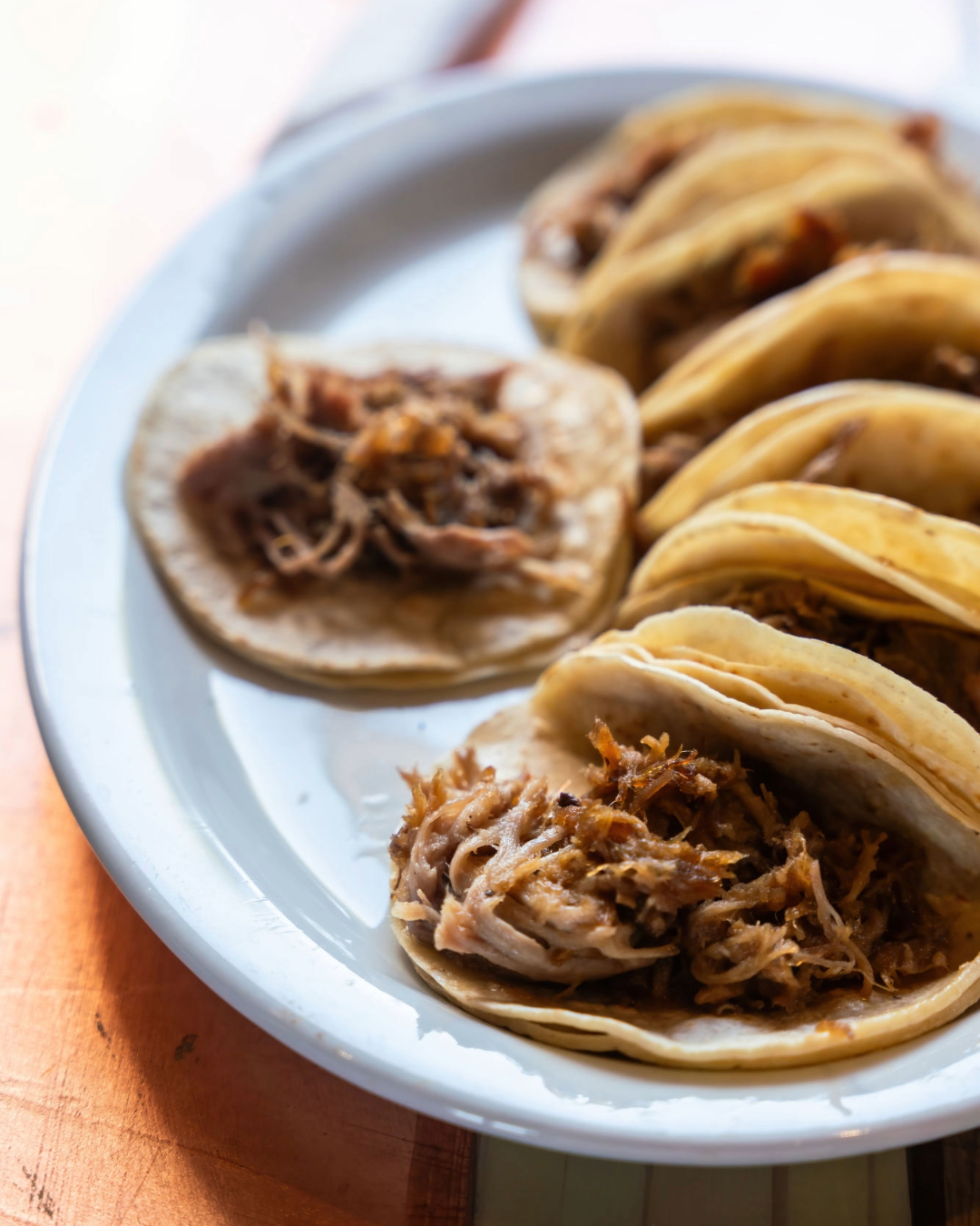 Plate of carnitas tacos stacked from end to end at Taco Jalisco in Vallejo