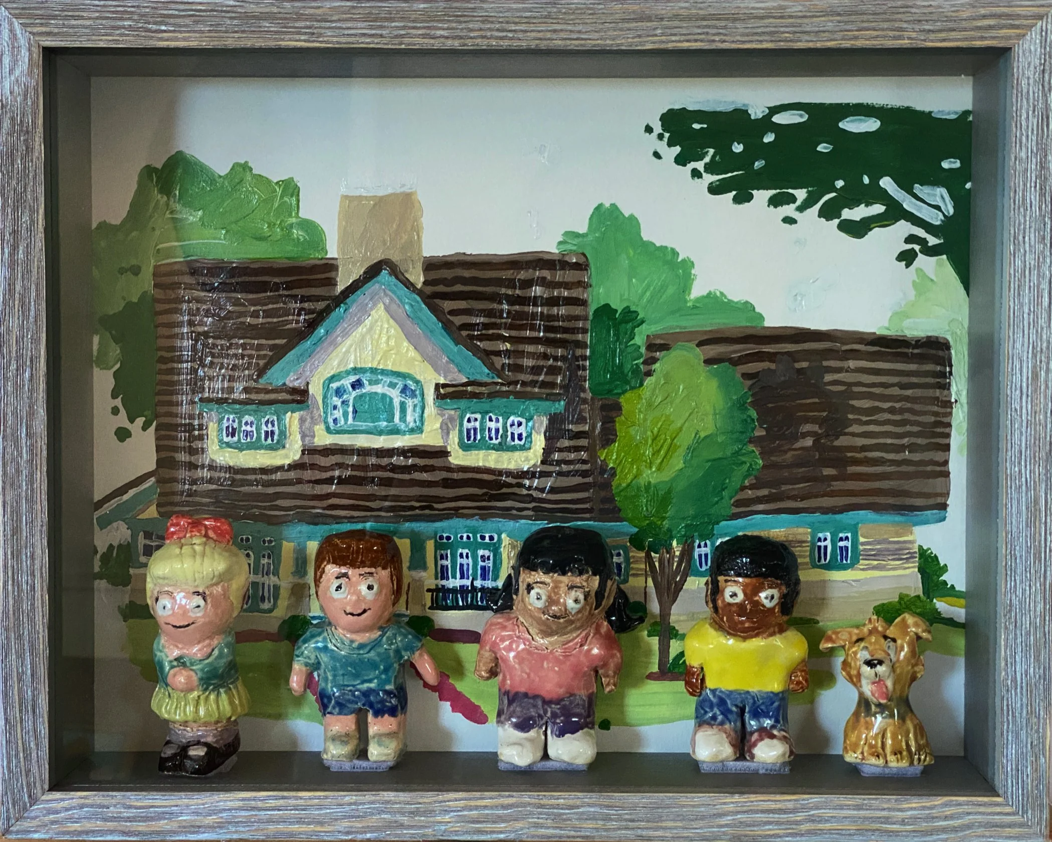 "This Must Be the Place" by Ebony Young (installation by David Carrales), Acrylic Painting and Ceramic Figurines, 11 x 14 Shadowbox ($325)