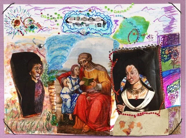 "Stories" by Nancy Doyle, Mixed Media on Canvas Board, 12" x 16" ($65)