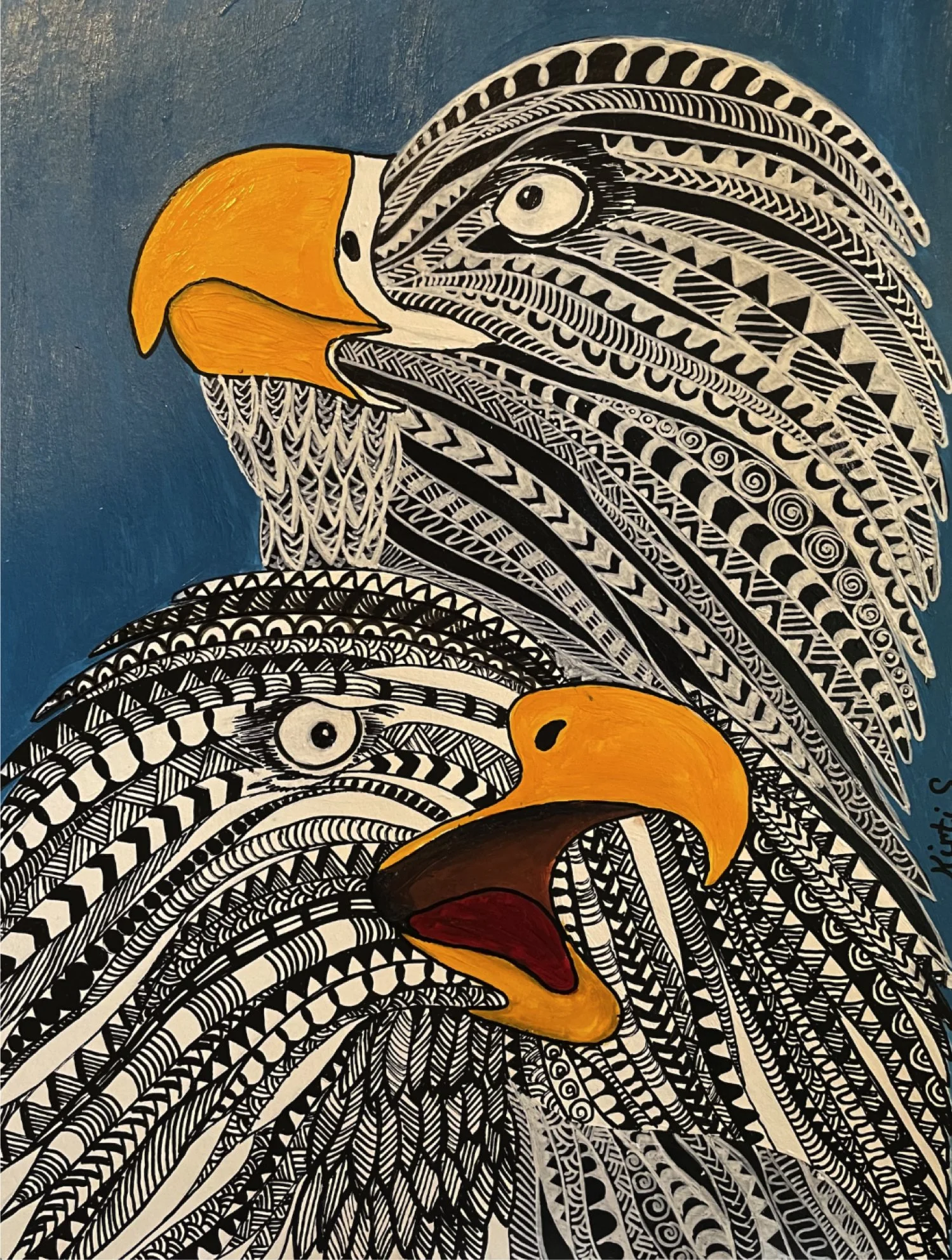 "Hawks" by Kirti Sinha, Acrylic on Paper, Artwork size 9 x 12, Framed 13 x 17 ($75)