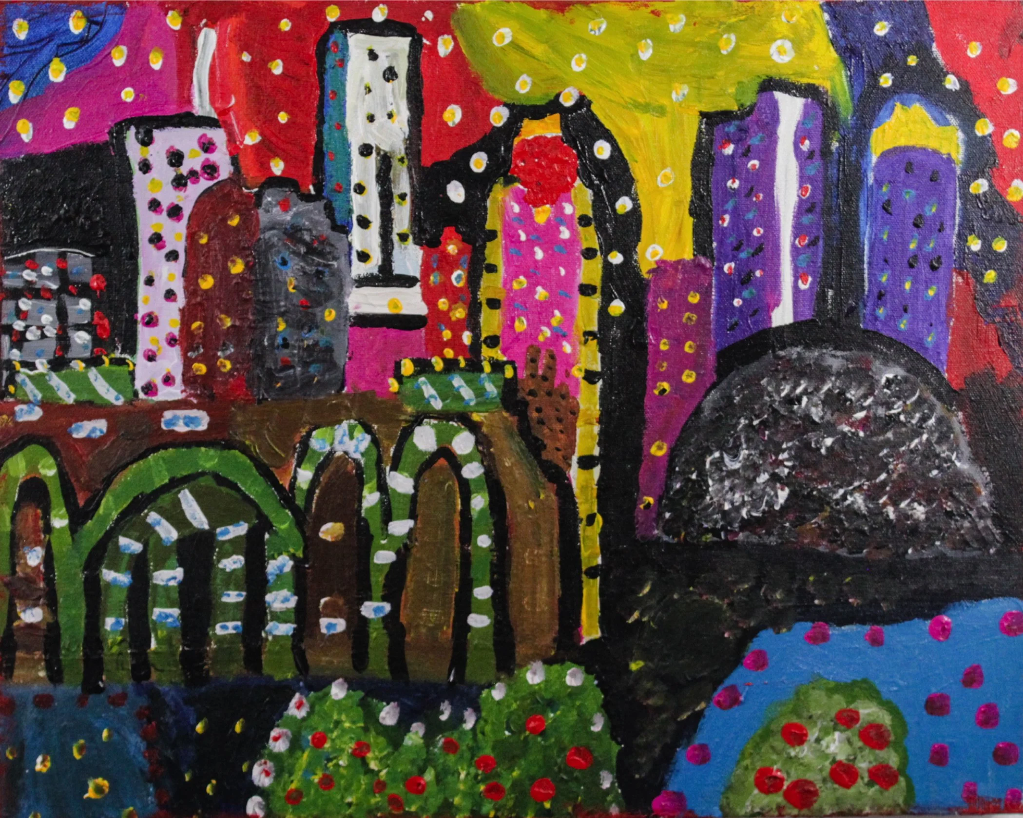 "Small City in Lights" by Rodney Morgan, Acrylic on Canvas, 16 x 20 ($150)