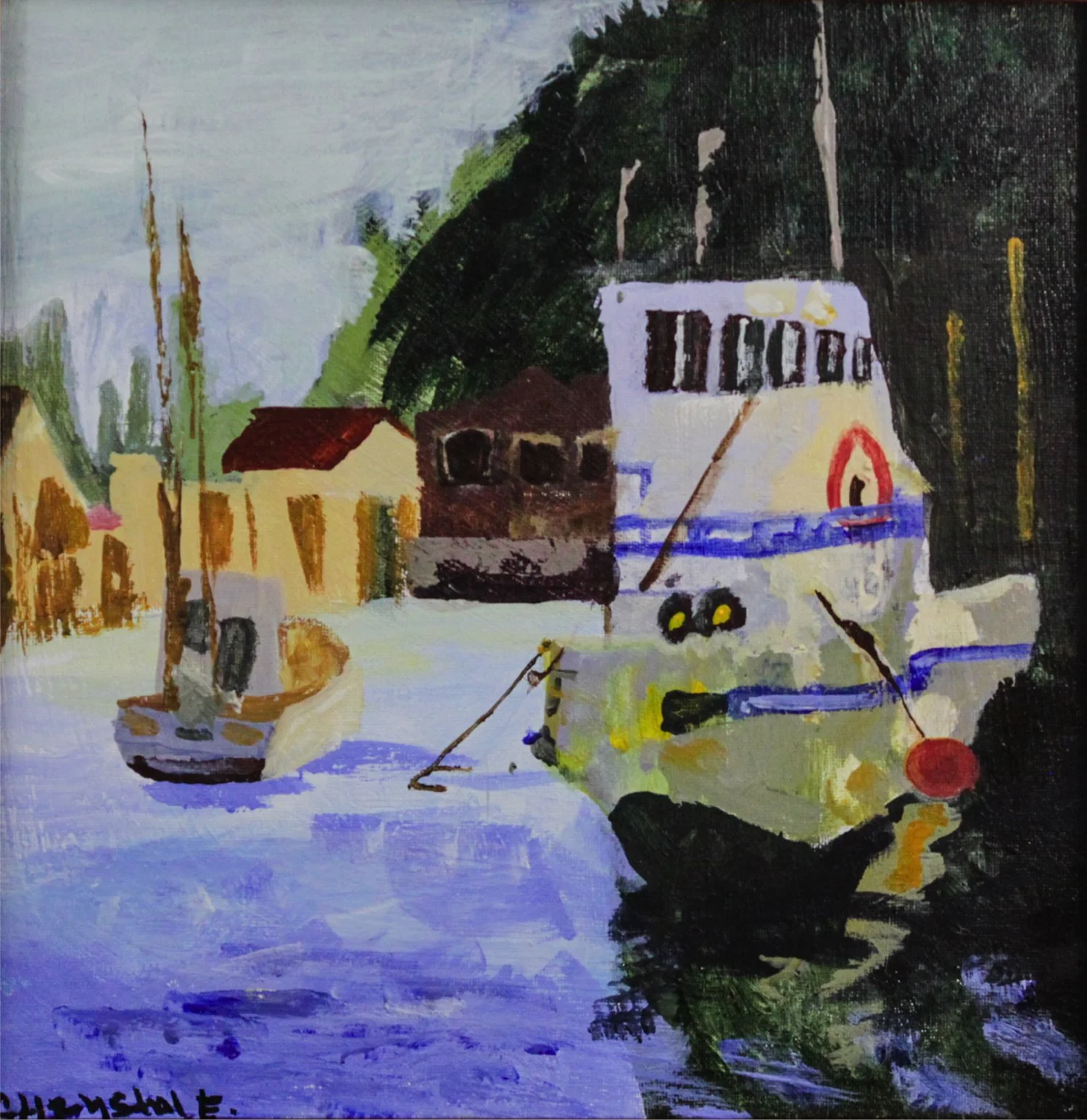 "The Boat" by Chrystal Erie, Acrylic on Canvas, Artwork size 12 x 12, Framed 13 x 13 ($75)