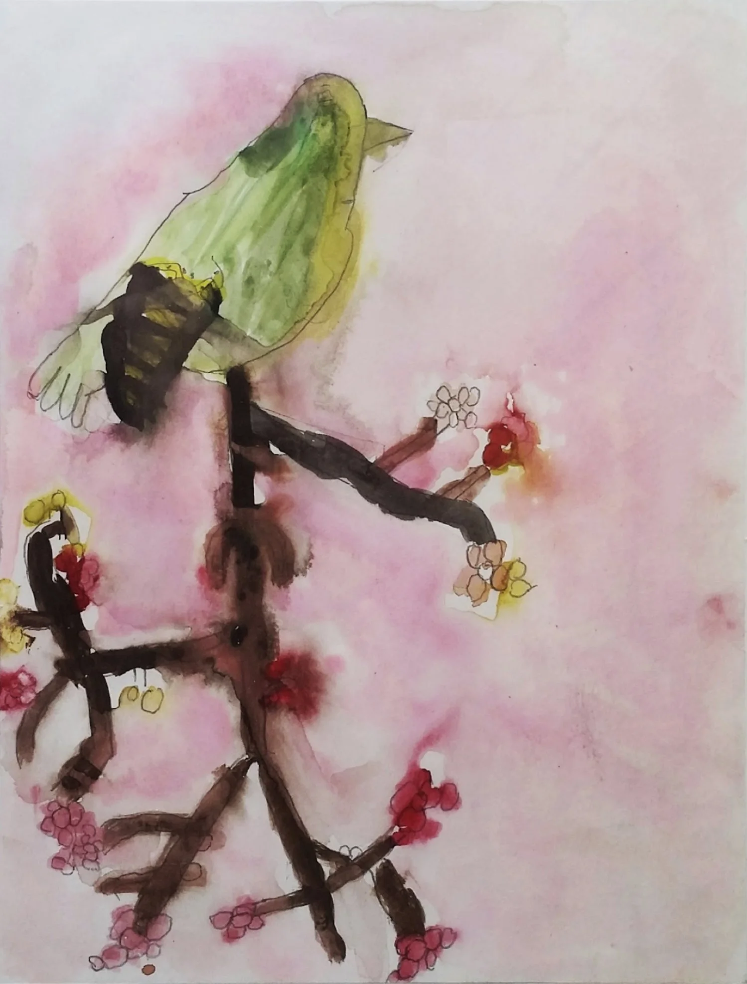"Green Bird" by Shon Parker, Watercolor on Paper, Artwork size 9x 12, Framed 20 x 24 ($125)