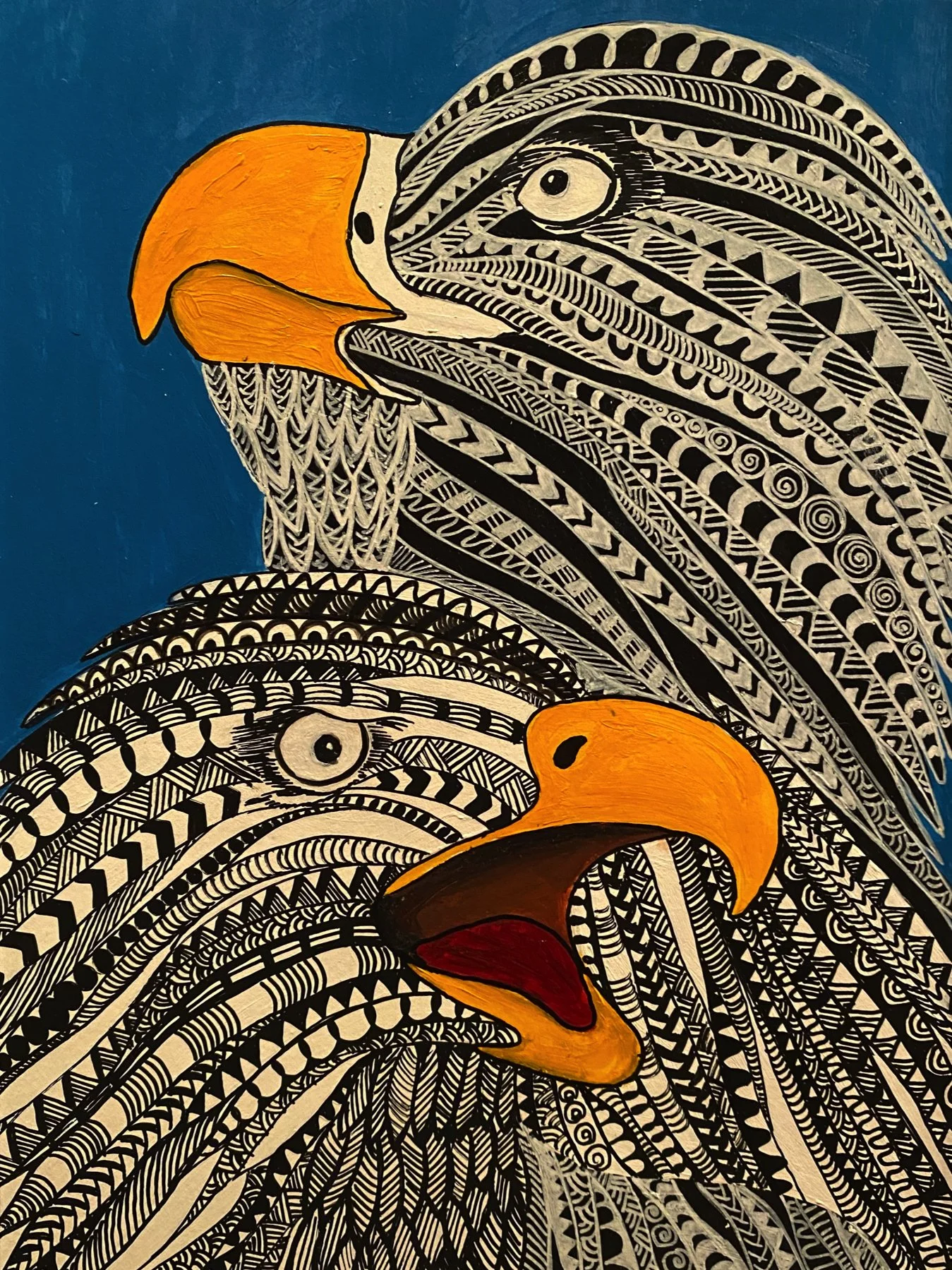 "The Hawks" by Kirti Sinha, Acrylic + Pens on Paper, $150 (Unframed)