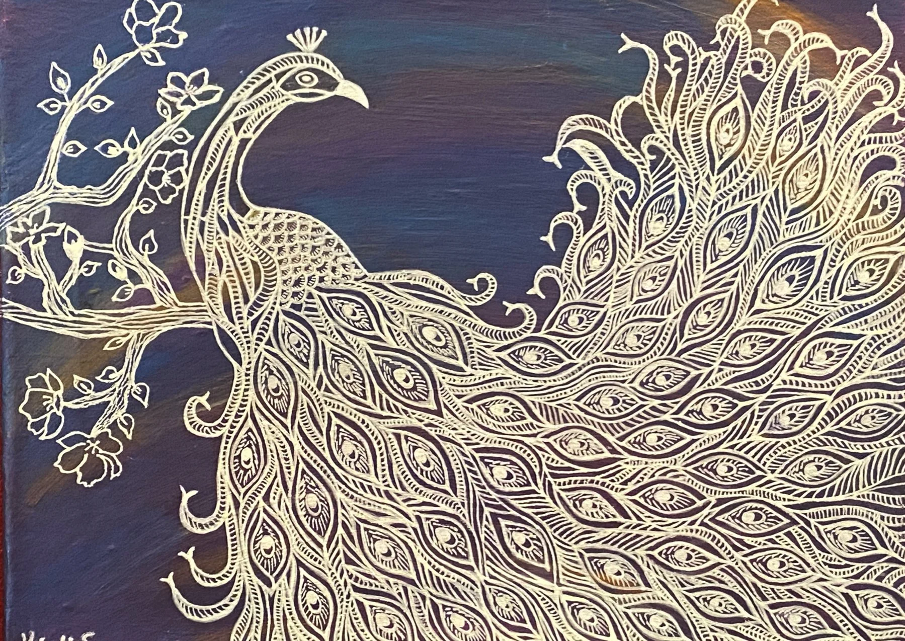 "White Peacock" by Kirti Sinha, Oil + Oil Pen on Canvas, 8 x 10, $95