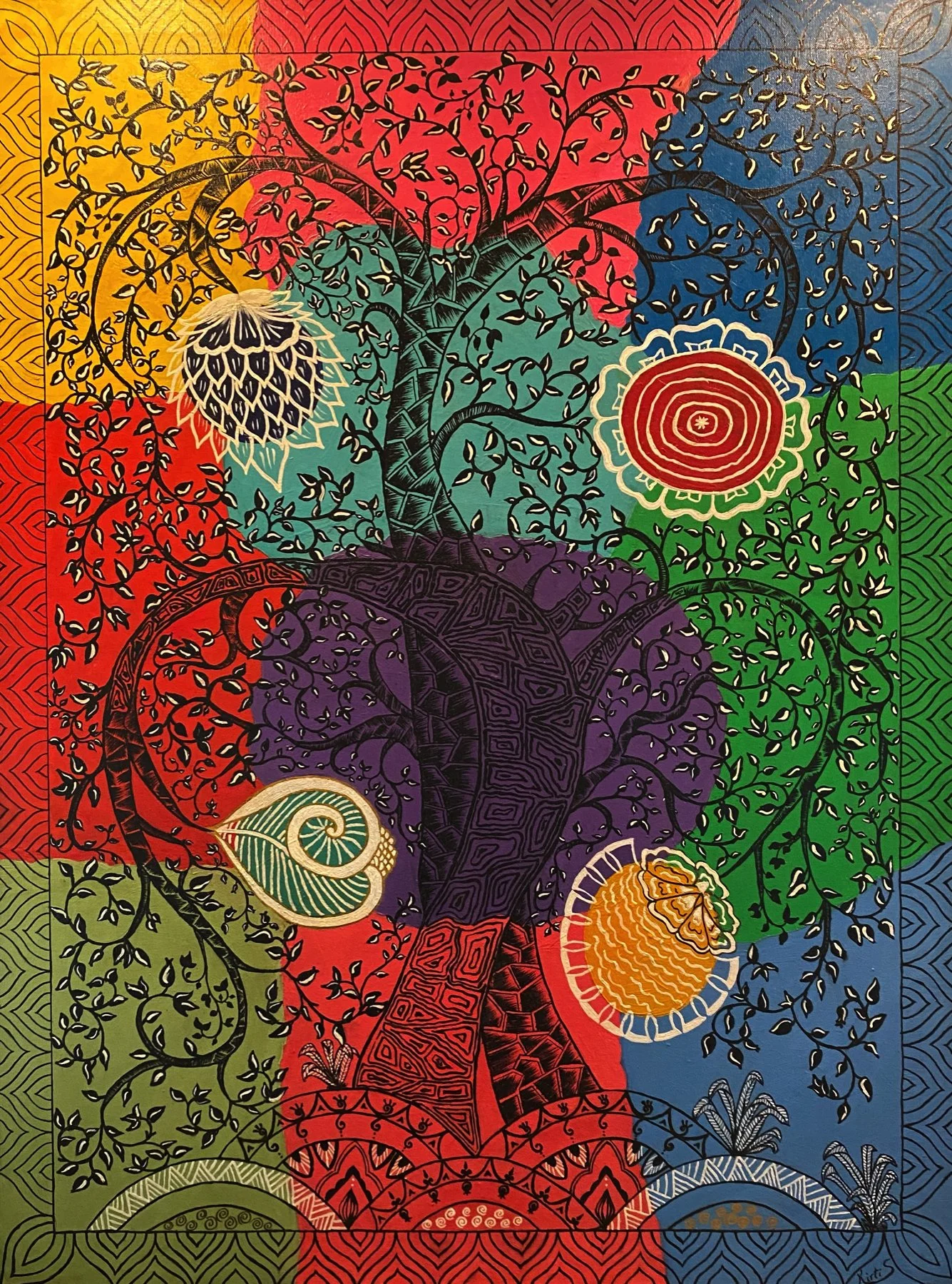 "Kalamkari Tree of Life" by Kirti Sinha, Oil + Acrylic on Canvas, 30 x 40, Original Not For Sale, Custom Order $475