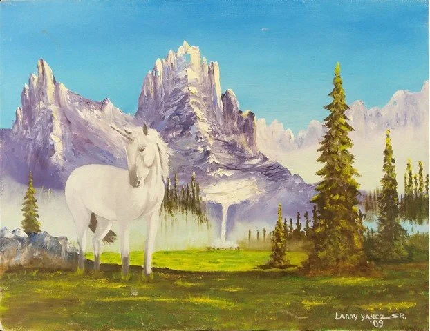 "Rocky Mountain" by Larry Yanez, Sr., Oil on Canvas, Artwork size 16 x 20, Framed 17 x 21 ($200)