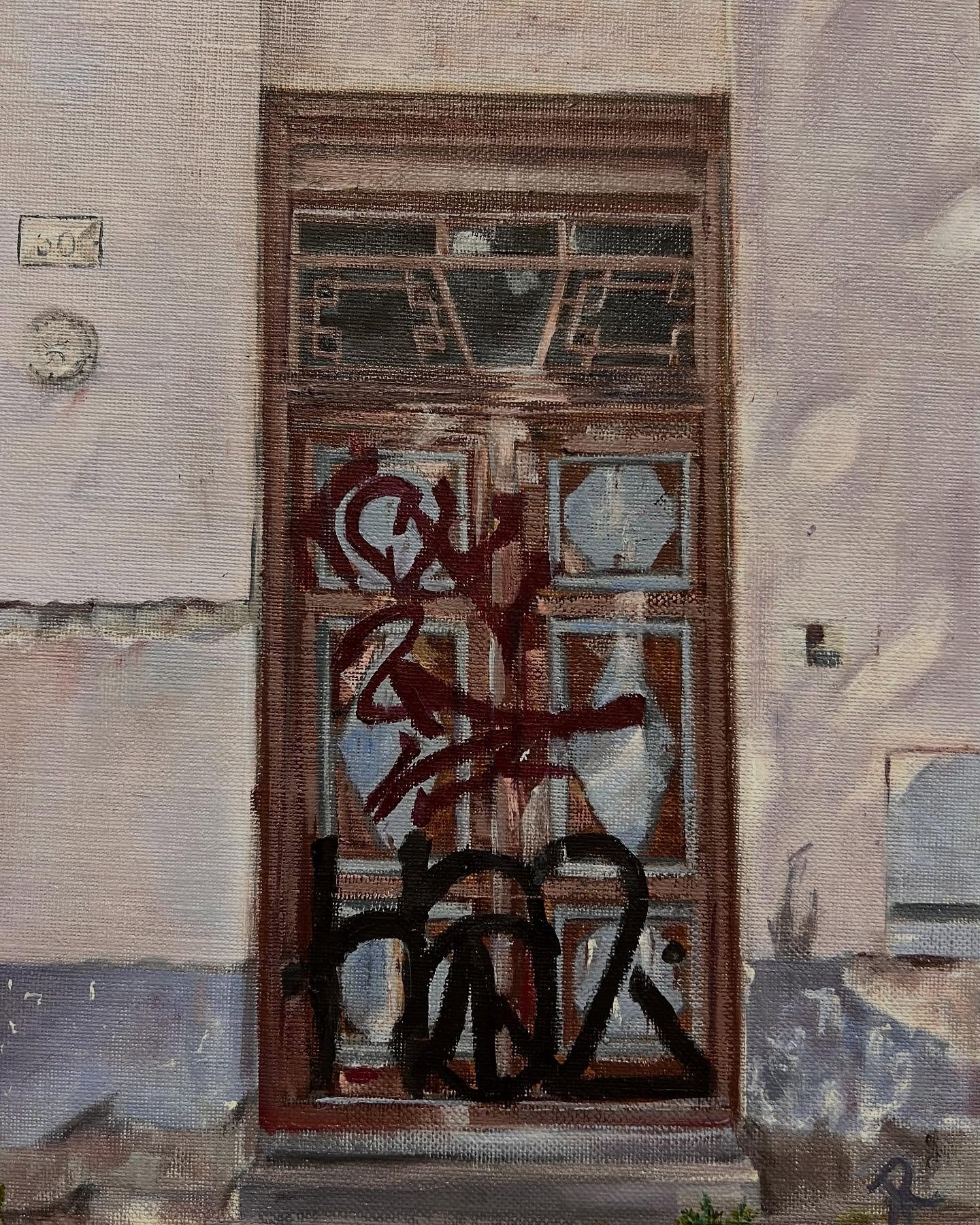 Graffiti Door- Oil on linen board 9 X 12 #stone #doors #graffiti #art #wallart #europe #sunlight #60