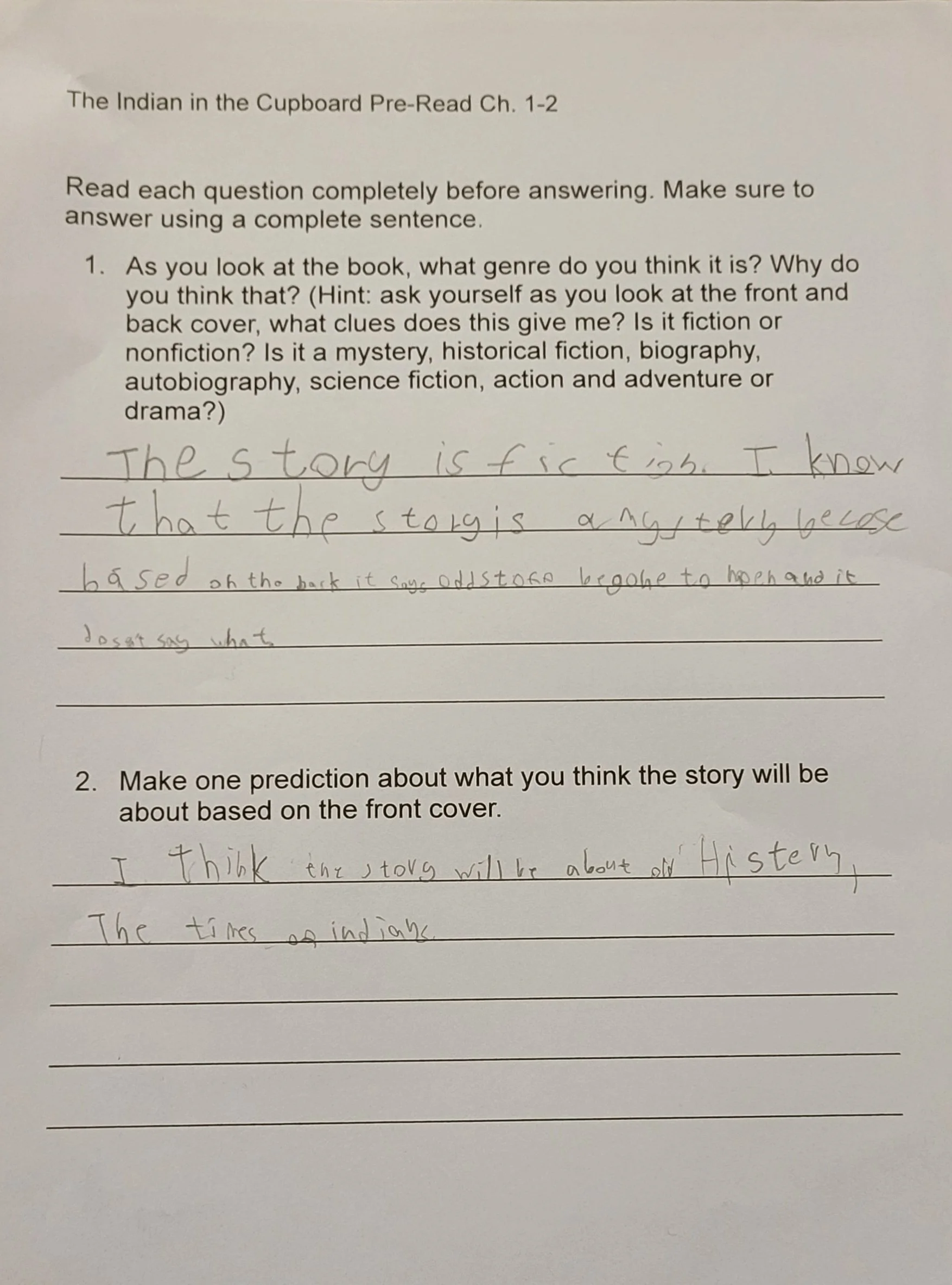 'The Indian in the Cupboard Pre-Read Ch. 1-2'