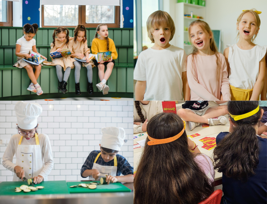 Collage of children engaging in different activities: top left shows four girls sitting on a green bench reading books, top right features three kids singing or speaking with joyful expressions, bottom left depicts two children dressed as chefs slicing vegetables in a kitchen, bottom right shows children wearing colorful headbands playing a card game around a table.