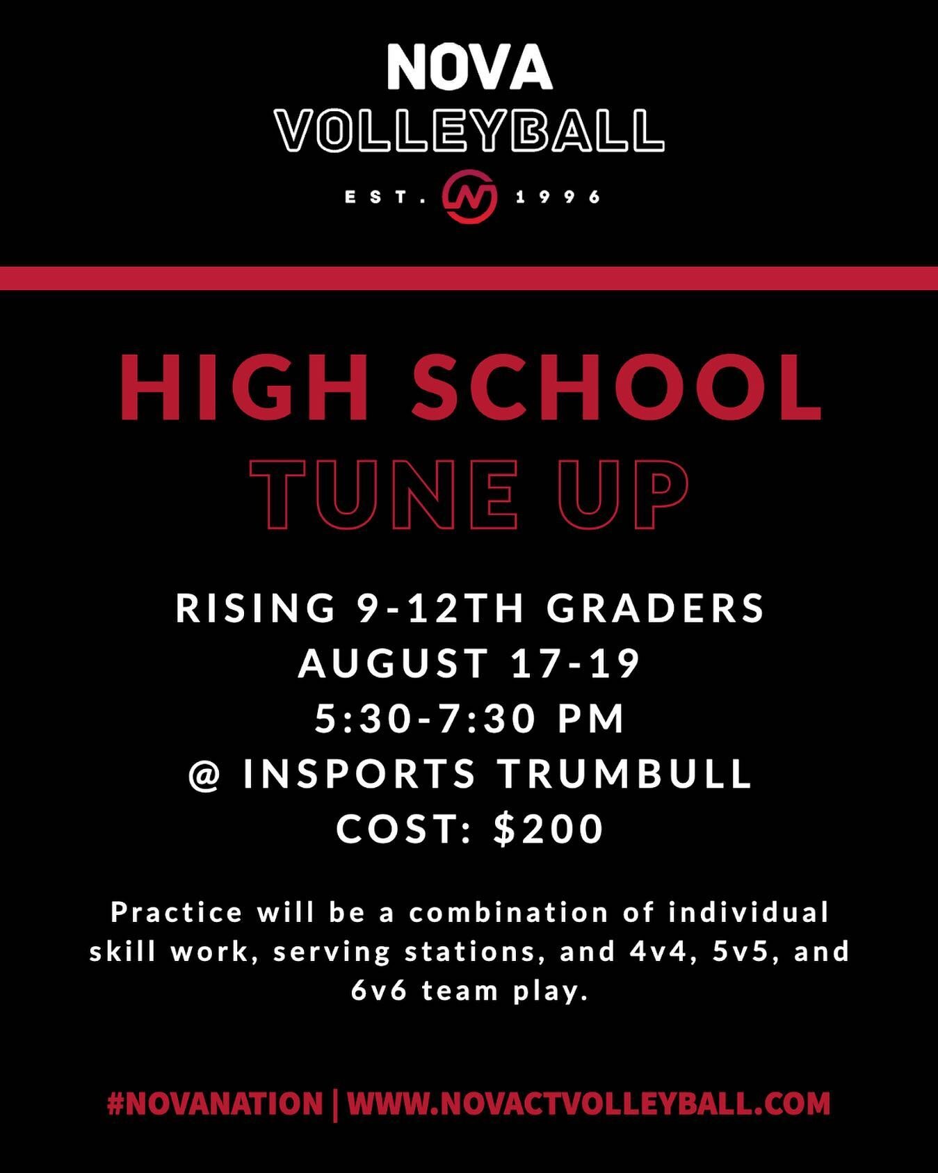 🚨 HIGH SCHOOL TUNE UP 🚨 

Space is L I M I T E D! Grab your spot today and don&rsquo;t miss out on the extra reps before high school tryouts!! Open to all rising 9-12 graders. More info below:

When: August 17-19
Time: 5:30-7:30 pm
Location: Inspor