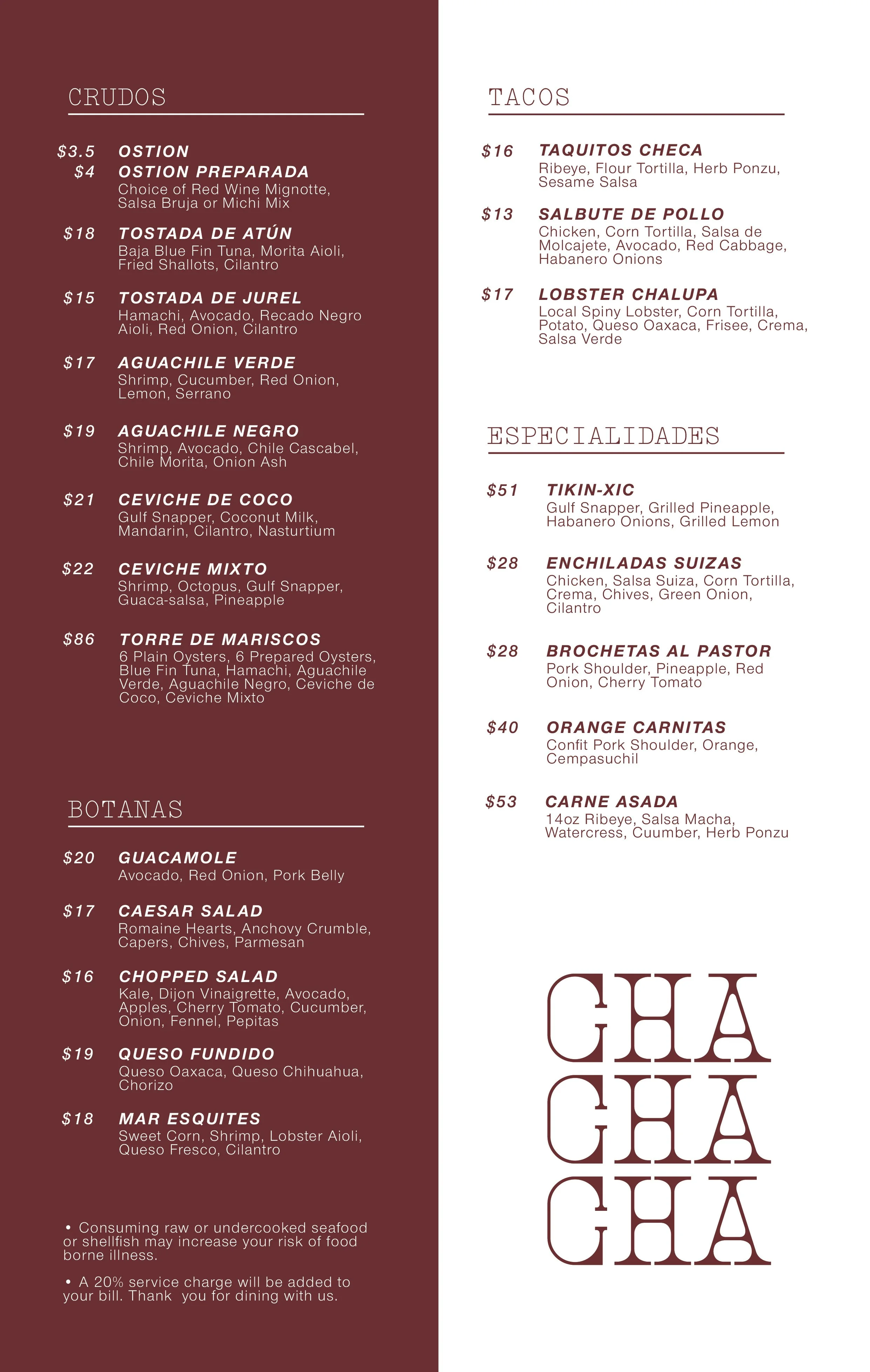 Restaurant menu featuring sections for Crudos, Botanas, Tacos, and Especialidades with various Mexican dishes and prices.