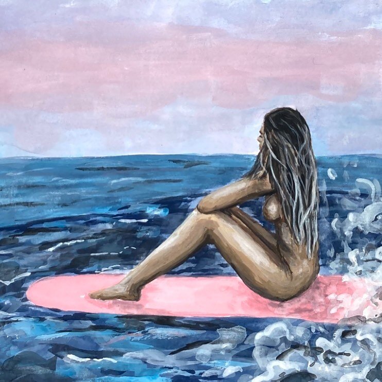 Closeup of &lsquo;Sunset Surfer&rsquo; painting - gouache on paper. A limited print run of this little laxing lady is available to help fund a new log. Painting my old bic makes it feel new again but it doesn&rsquo;t seem to change the shape or volum