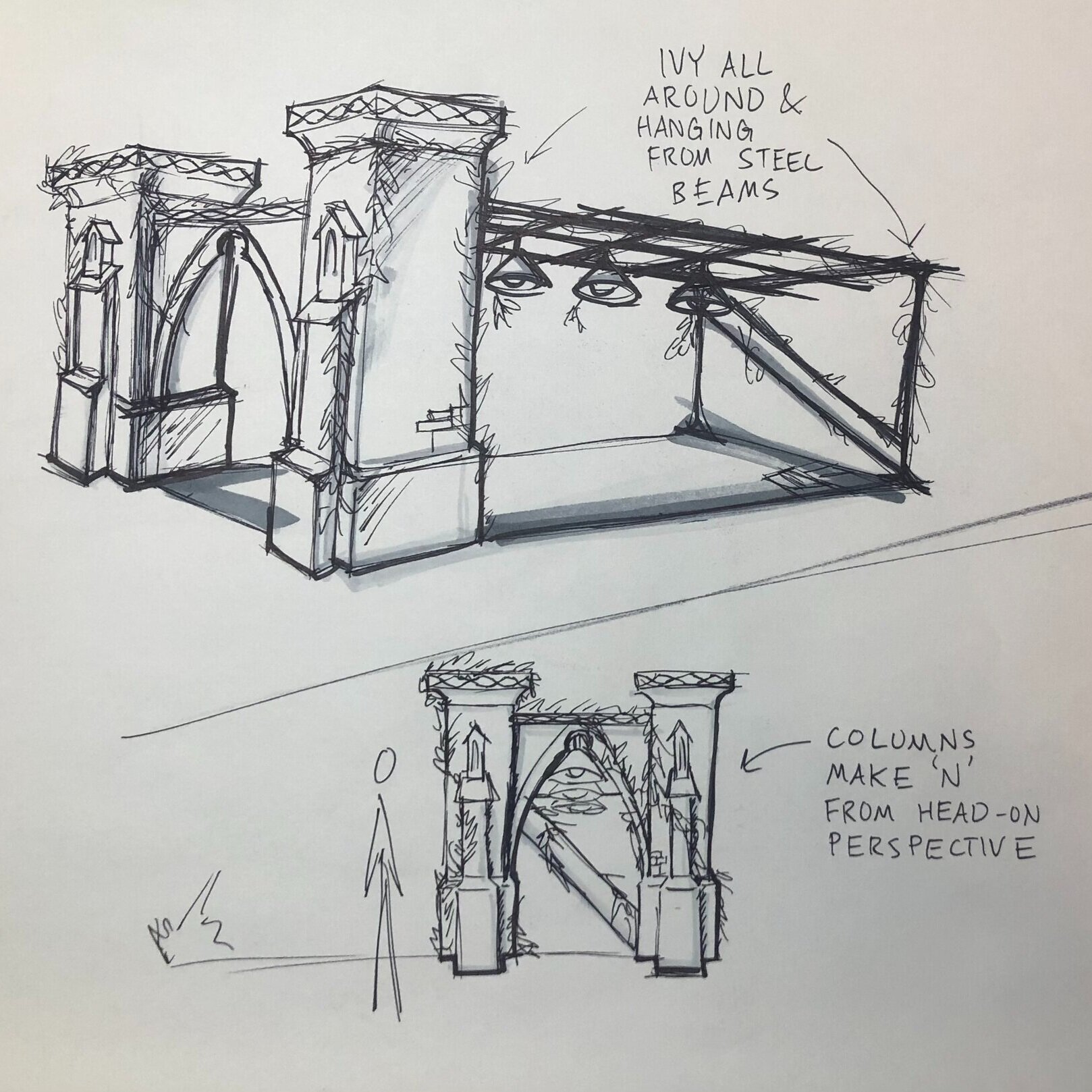 Sketch of an architectural structure with ivy on the outside. The drawing shows a front and head-on perspective of columns, arches, and steel beams, with handwritten notes about ivy and columns.