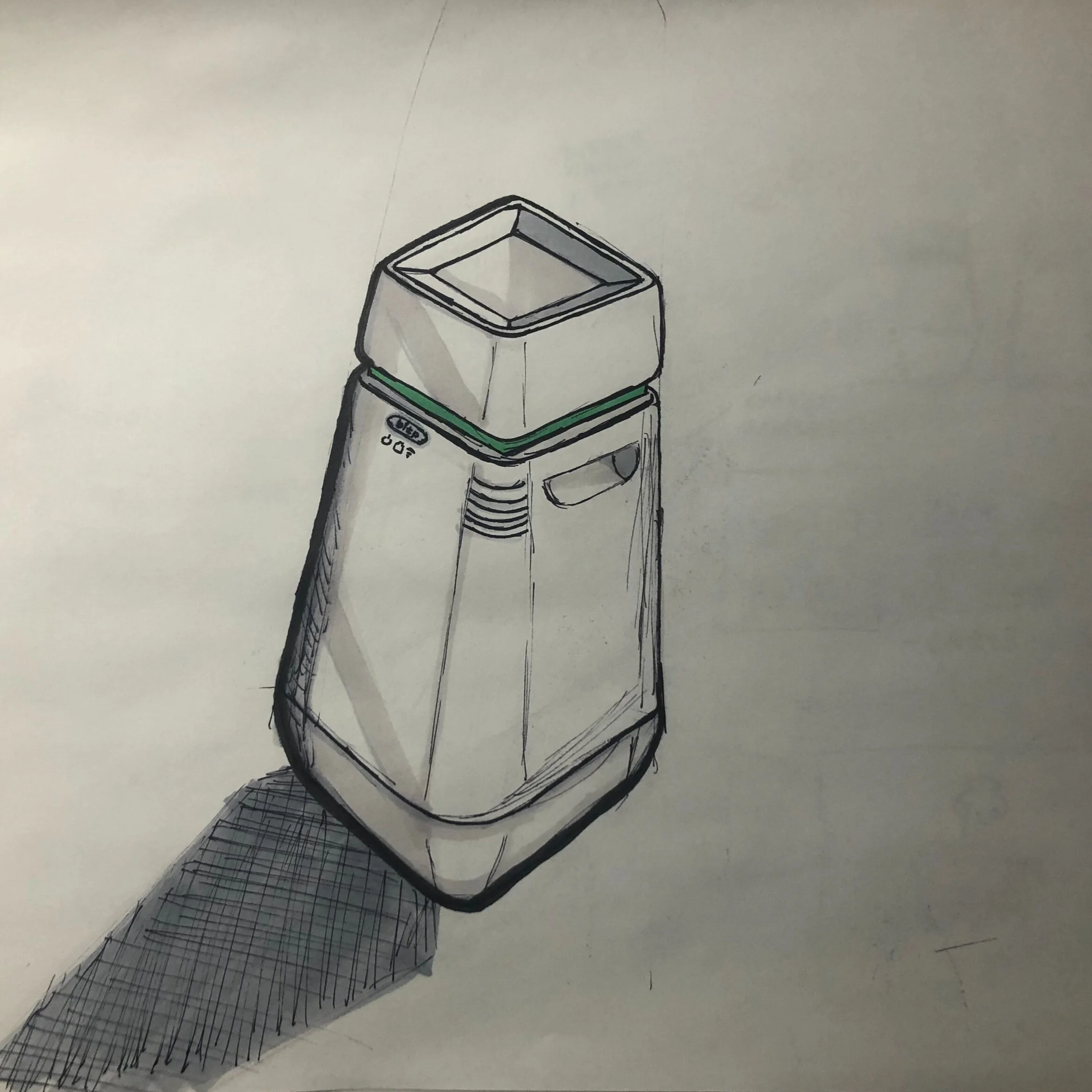 Hand-drawn sketch of a small refrigerator with a green trim, casting a shadow on a plain surface.