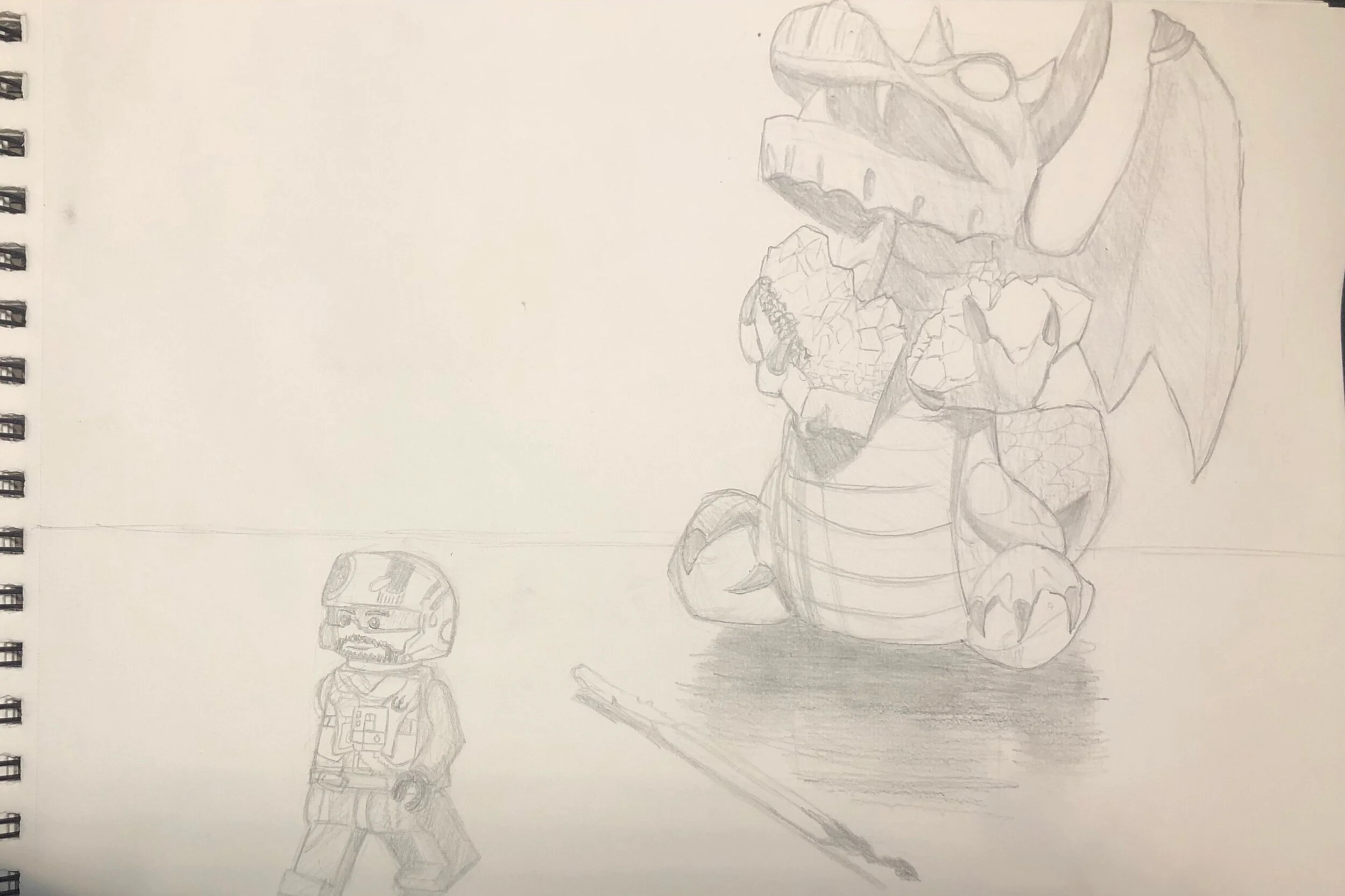 A pencil sketch featuring a LEGO Stormtrooper figure on the left and a large, detailed dragon-like creature on the right, sitting with a staff in front of it.