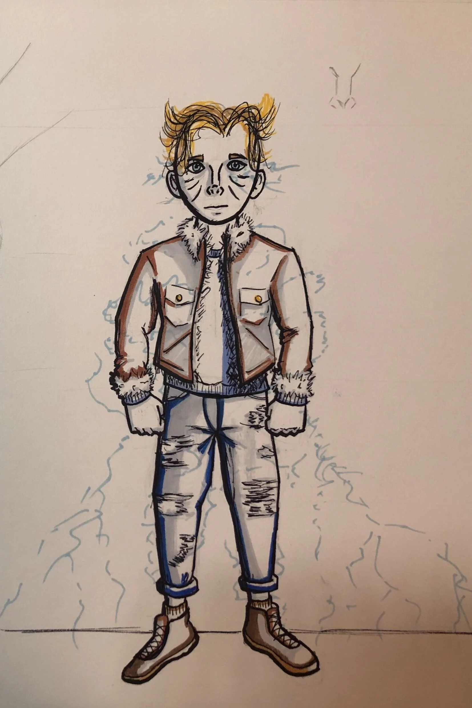 Hand-drawn illustration of a person with messy hair, wearing a fur-collared jacket, ripped jeans, and boots, standing on a snow-covered ground.
