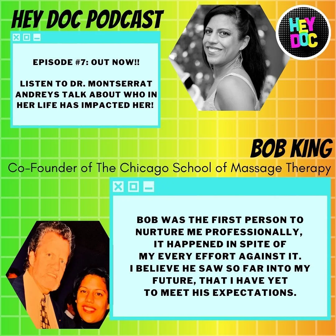 Episode #7 OUT NOW!! Dr. Montserrat spoke about some of her life&rsquo;s most impactful people!
.
Image description: Gradient green to orange background with a white grid overlay. On the top left, there is black text that reads &ldquo;Hey Doc Podcast