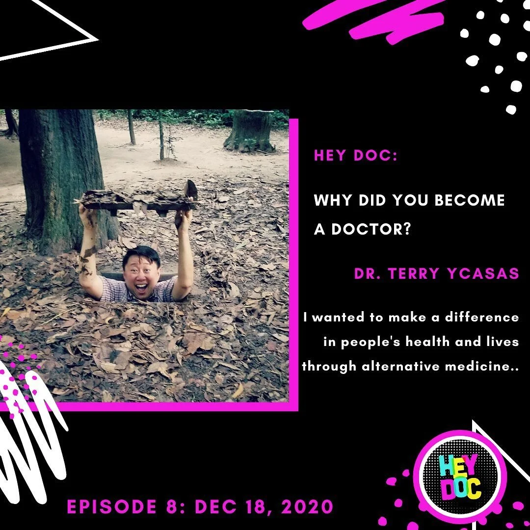 We asked Dr. Terry Ycasas what made them want to become a doctor and here&rsquo;s what they said!
.
Image description: Black background decorated with white and fuchsia dots in clusters, brush strokes, and triangles. Photo of Terry Ycasas in the left