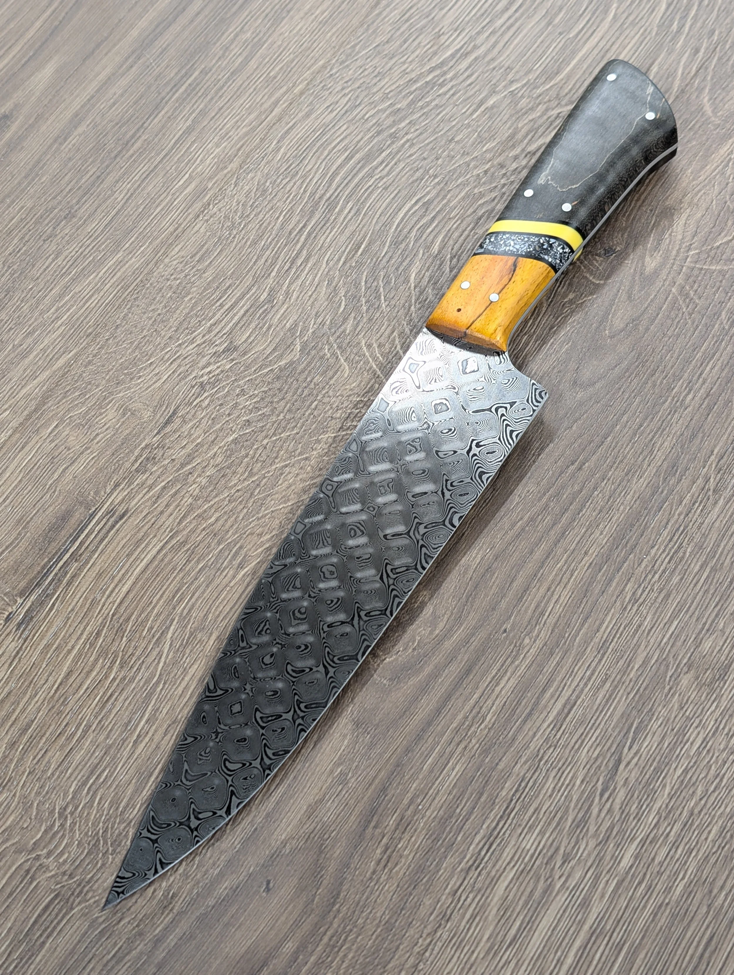 8" Chef | Damaworks high carbon pyramid pattern damascus | stabilized dyed curly maple and spalted tamarind handle scales