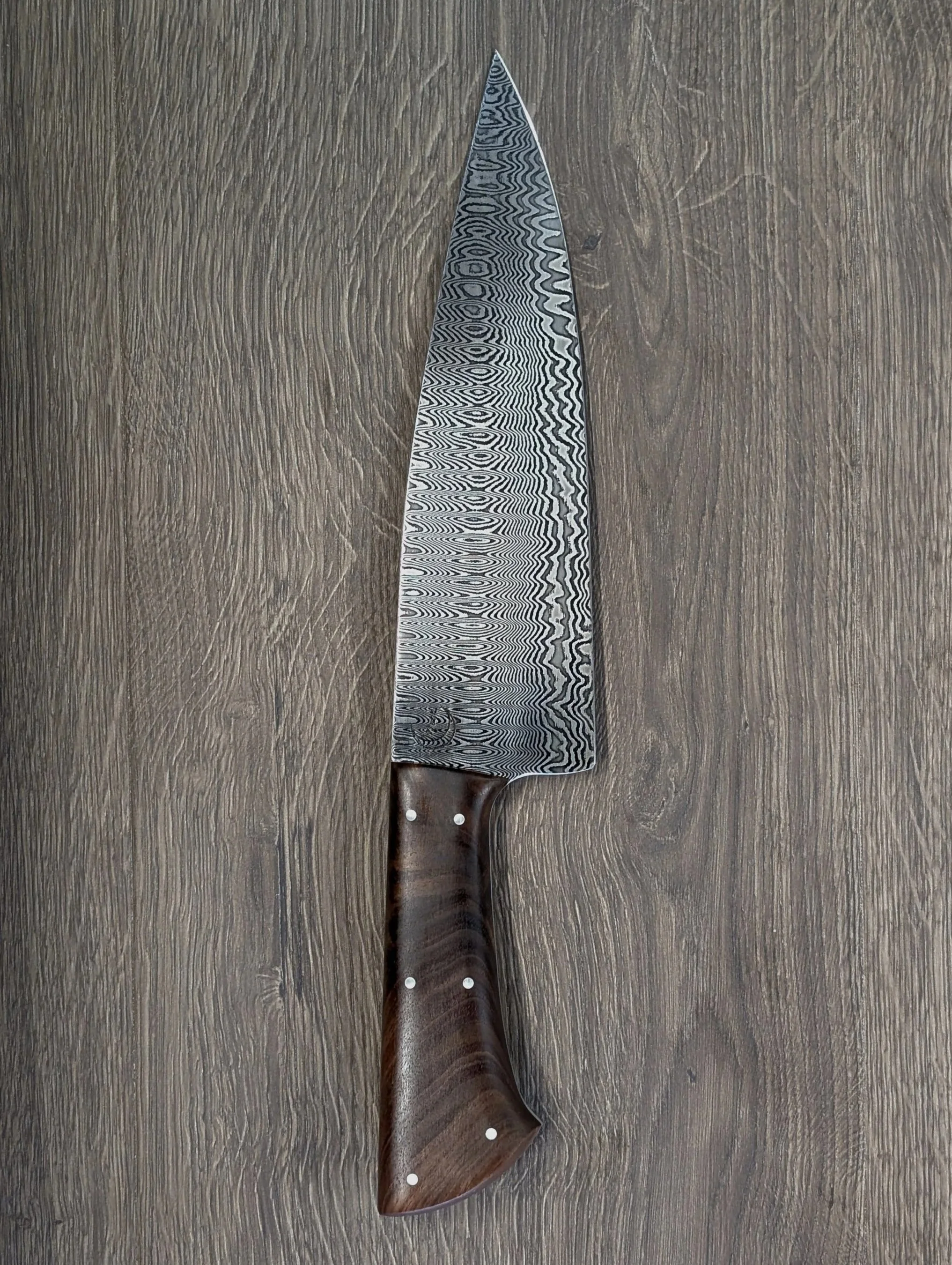 8" Chef | Damaworks banded damascus high carbon steel | stabilized walnut scales