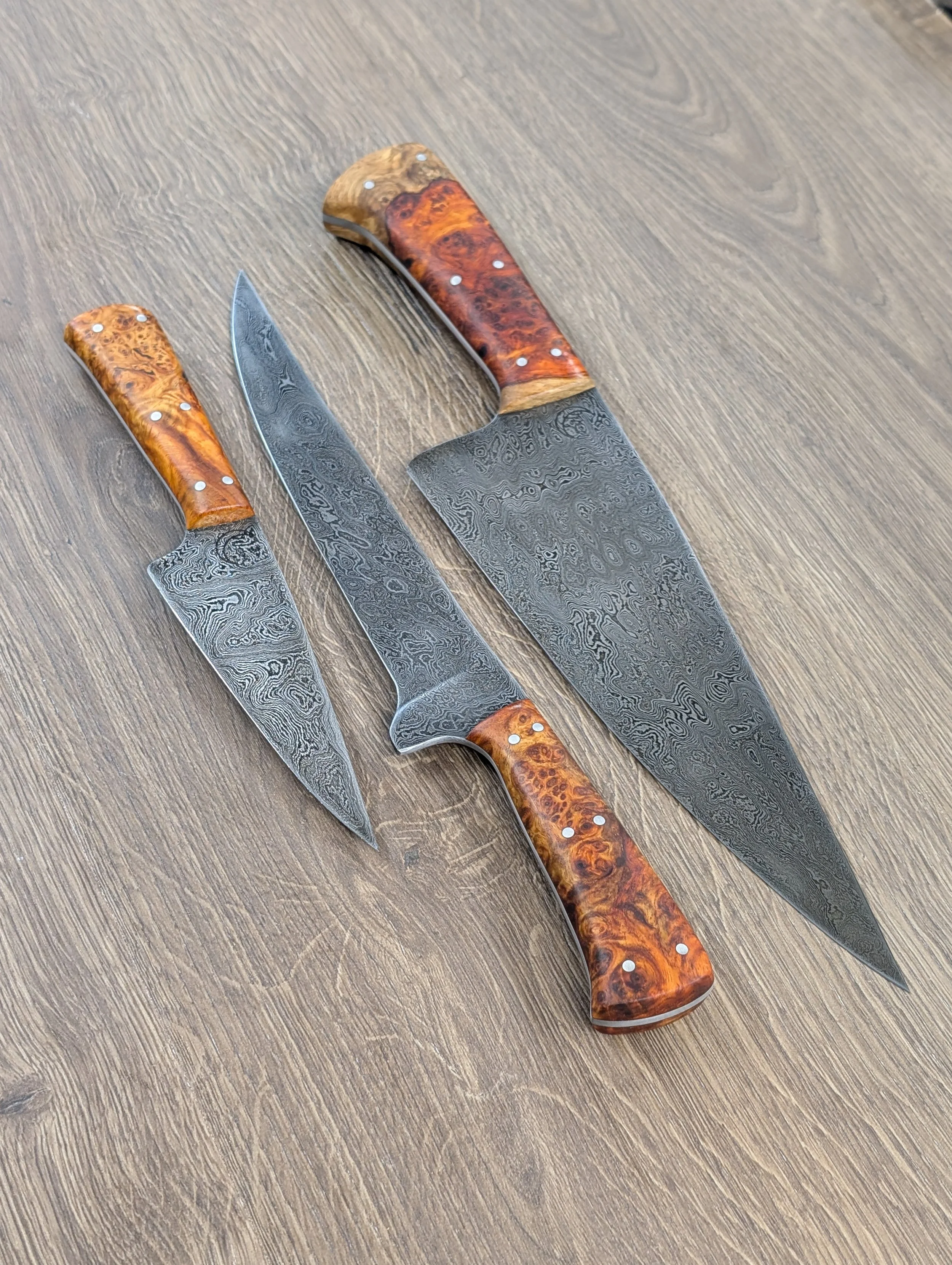 3-Piece Kitchen Set | 252-layer Random Pattern Damascus | Amboynia Burl Handle Scales | 8" Chef | 6" Boning | 4" Paring 