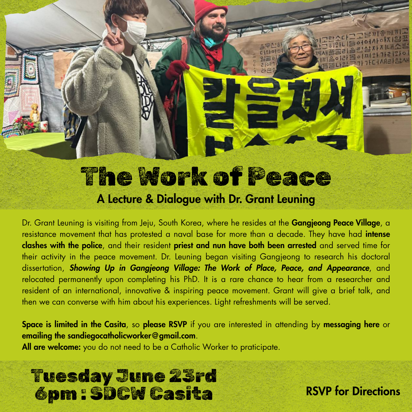 The Work of Peace: An Evening with Dr. Grant Leuning, a peace activist visiting from Gwangjeong Village
