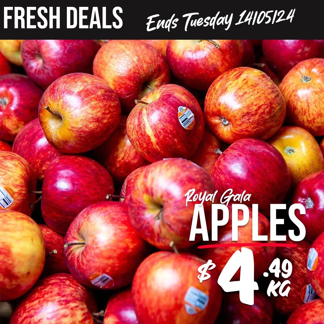 This week's Fresh Deals 🛒

Green Pears $3.99/kg 
Royal Gala Apples $4.49/kg 
Truss Tomatoes $9.99/kg 
Kent Pumpkin $1.99/kg 
Broccoli $5.69/kg 
Veggie Soup Pack 1kg $4.99/ea
Aussie Beef Economy Rump Steak $20.30/kg
Aussie Lamb Cutlets $33.90/kg