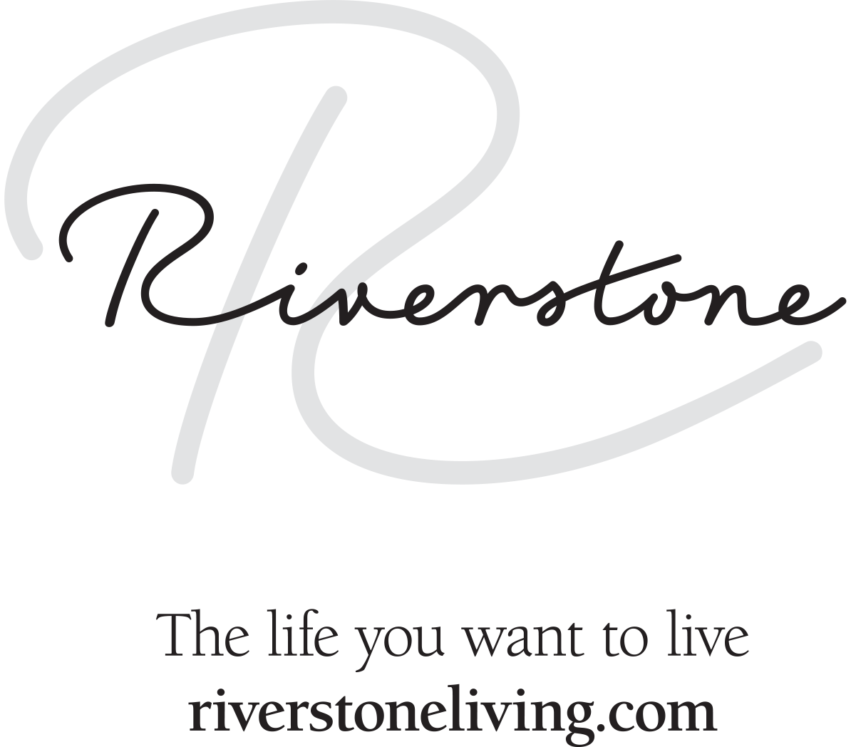 Riverstone logo with stylized 'R' and the word 'Riverstone' in black cursive, with the text 'The life you want to live riverstoneliving.com' below.