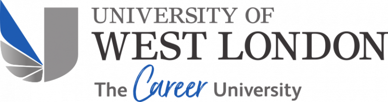 University of West London logo with stylized 'U' and feather design.