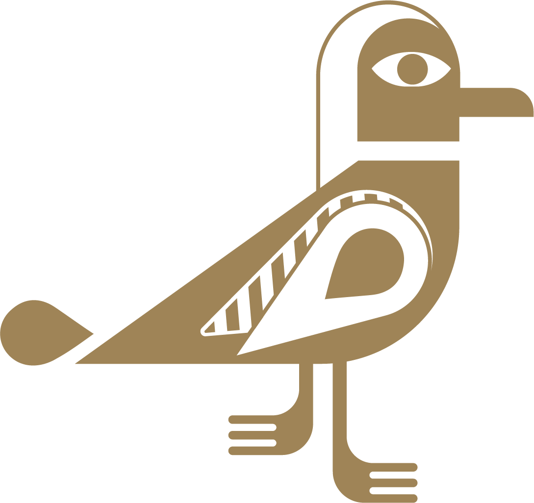 Stylized beige and black illustration of a bird with geometric shapes and simplified features.