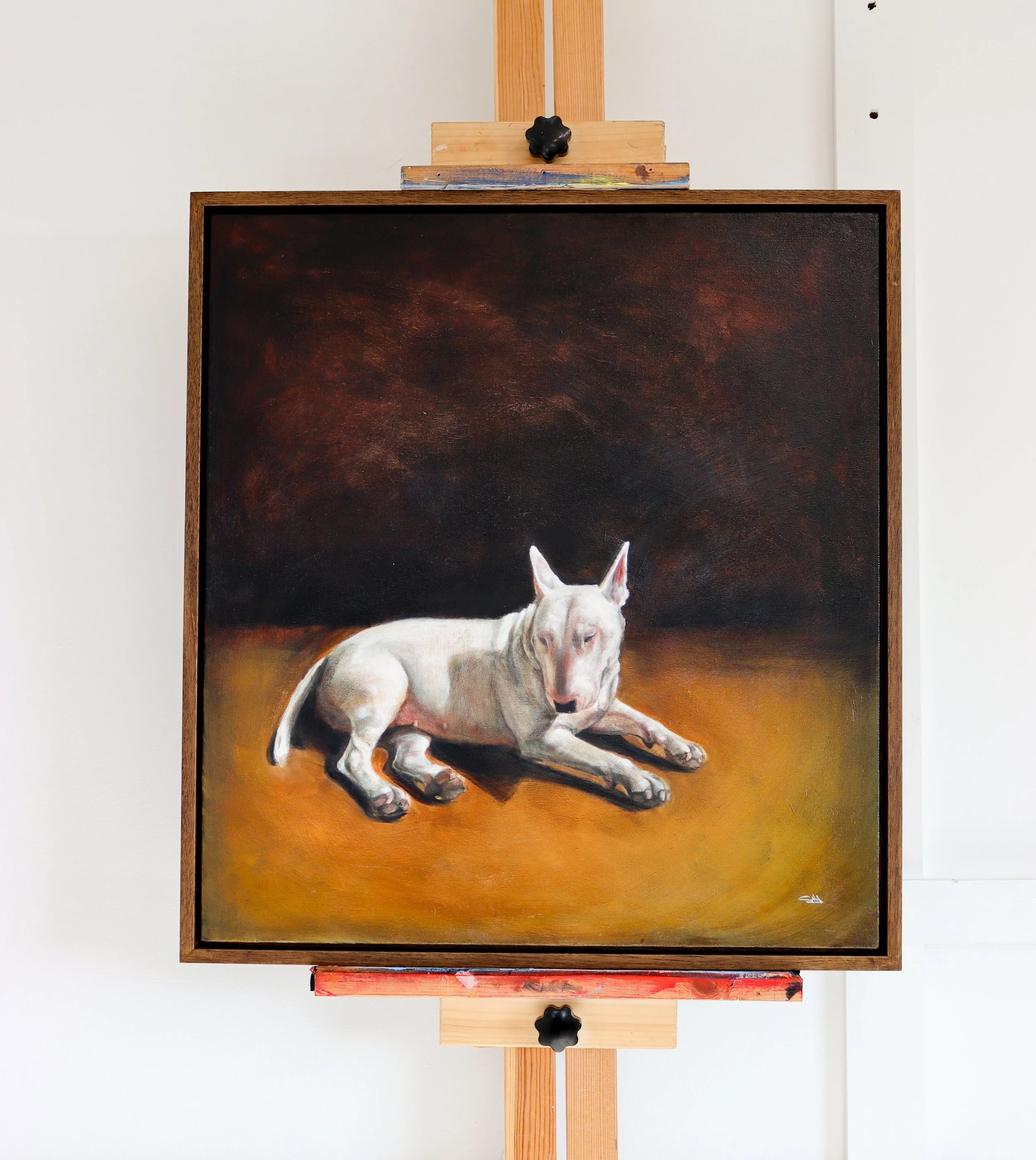 22”x 24” Oil on Canvas, Tray framed, dark wood waxed.