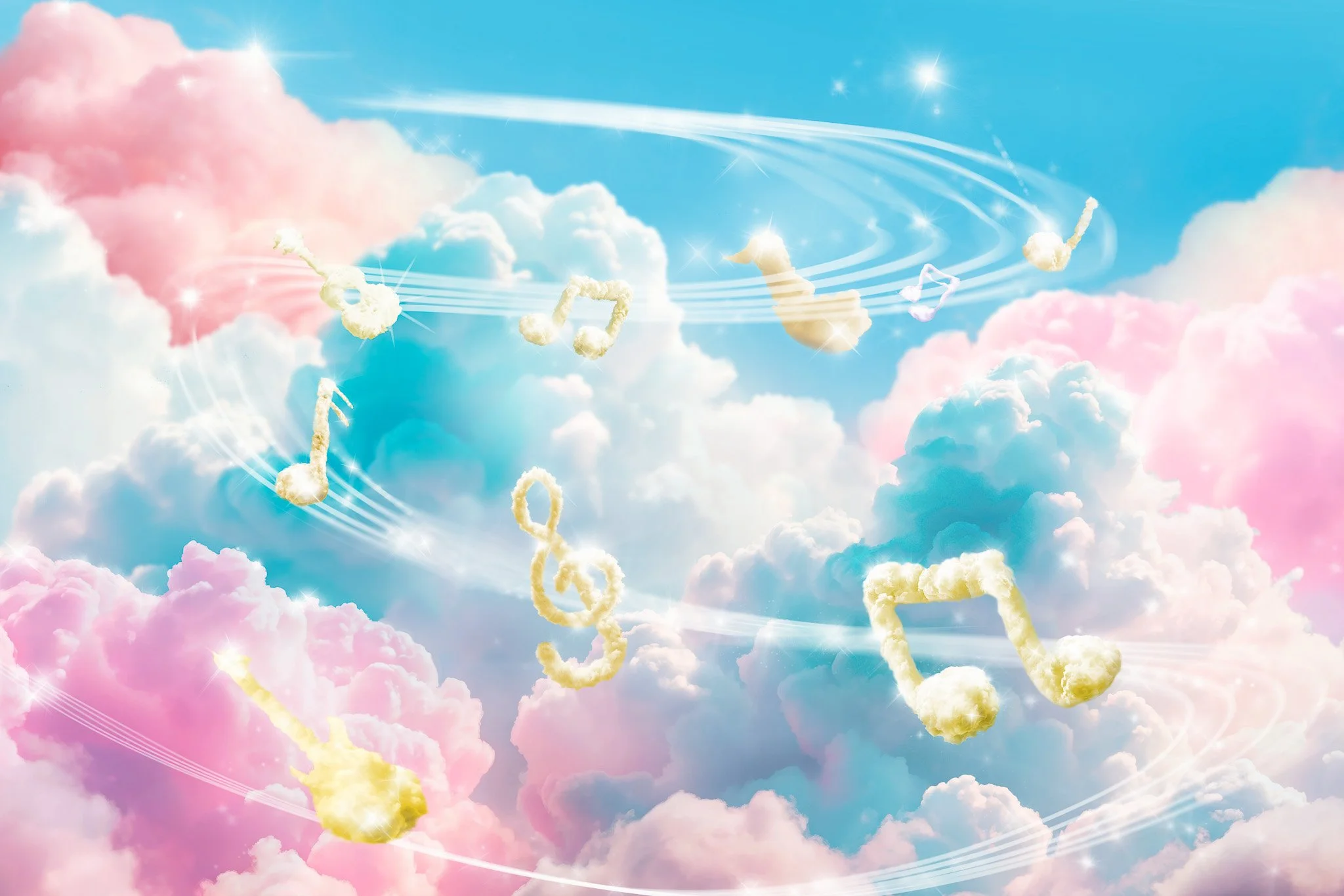 Clouds Front cloth artwork for Wiltshire creative 2025 pantomime Jack and Beanstalk. Designer Katie Lias. This artwork was used as a printed front cloth at 10mx9m 