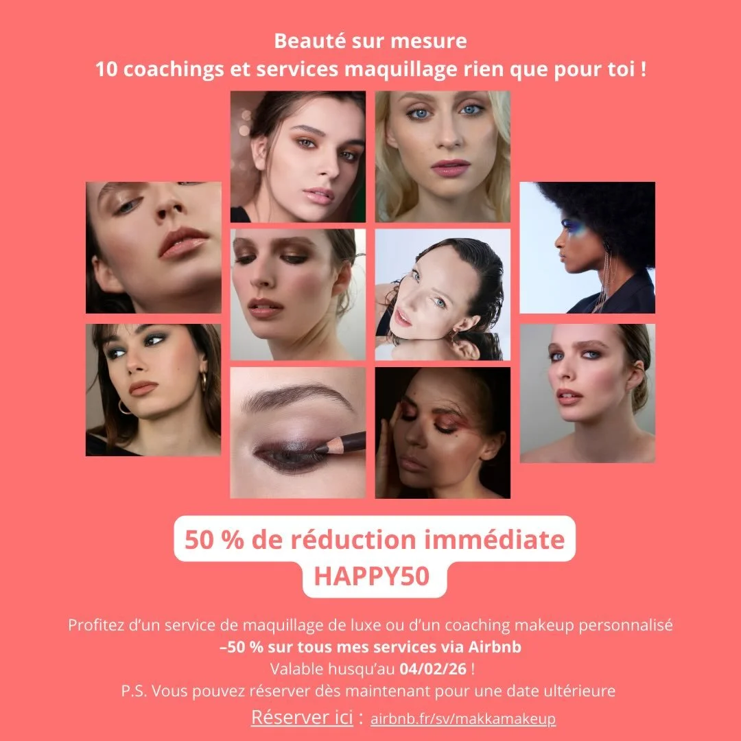 Une belle surprise vous attend ! ✨

Pendant une dur&eacute;e limit&eacute;e, profitez de -50 % de r&eacute;duction sur toutes mes prestations de maquillage professionnel et coaching beaut&eacute;.

💄 Je vous ai concoct&eacute; 10 services de maquill