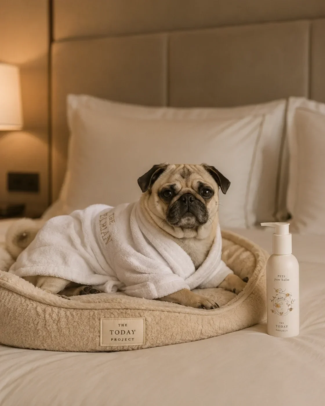 A pug dog lying on a pet bed on a bed, wearing a white robe, with a bottle of pet paw balm beside it.