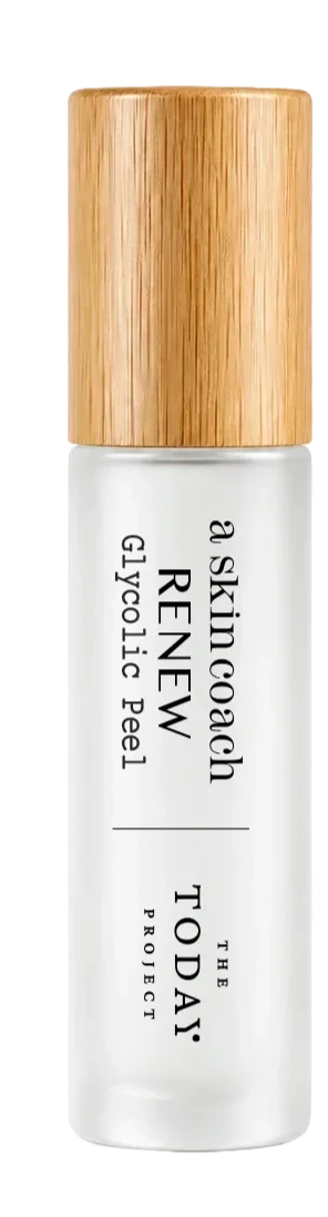 A skincare product bottle made of frosted glass with a wooden cap, labeled as 'A Skin Cushion Renew Glycolic Peel' from The Today Project.